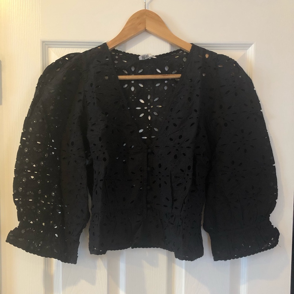 Wilfred Peplum Puff Sleeve Eyelet Blouse Black M